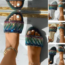 Slippers Womens Flats Sandals Summer Rhinestone Beaded Dress Shoes Comfortable Crystal Slip On Slide Sandal Roman