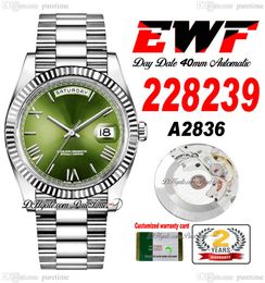 EWF Day Date 228239 A2836 Automatic Mens Watch 40mm Fluted Bezel Green Roman Dial Presidential Bracelet Same Serial Card Super Edition Puretime C3