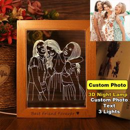 Night Lights Drop Po/Text Customised Wooden Frame Lamp Custom USB 3D Light Gift For Christmas Wedding Birthday