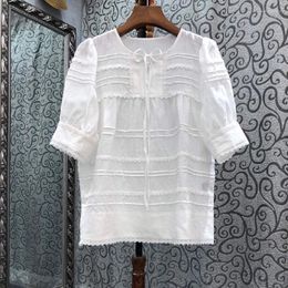 Women's Blouses 100%Linen 2022 Summer Fashion Tops High Quality Ladies Lace Embroidery Deco Short Sleeve Casual White Blouse Female