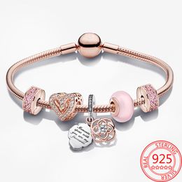 Новый популярный 100�5 серебряный серебряный шарм и элегантный двухсерочный розовый розовый фиксированный клип -подвесной кулон Pandora Bracelet Formary подарок