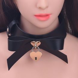 Beauty Items BDSM Bondage Erotic Collar PU Leather Neck Restraint with Metal Lock Punk Style Necklace Chain Adult Game Role Play Products