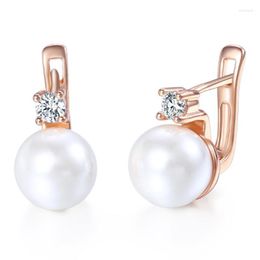 Dangle Earrings Womens Elegant White Simulated Pearl Stud Cubic Zirconia CZ 585 Rose Gold Colour For Girls Jewellery Gift GE128A