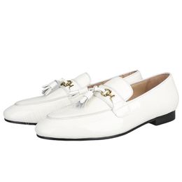 White Patent Leather Dress Shoes Men's Loafers Handmade Copper Buckle Tassel Shoes Party And Wedding Slip-On Flats