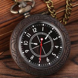 Pocket Watches Ebony Wood Capless Watch Flower Edge Wooden Quartz Pendant Vintage Gifts White Arabic Numeral Dial Clocks