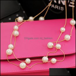 Pendant Necklaces New Long Double Layer Simated Pearl Necklace Women Sweater Chain Female Collares Statement Jewlery Wholesale 2021 7 Dhtoi