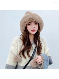 Berets Women Winter Warm Thicken Plush Cable Knit Bomber Hat Solid Colour Cute Pompom Windproof Snow Ski Earflap Trapper Cap