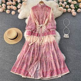 Casual Dresses Fashion Runway Baroque Maxi Dress Women Long Lantern Sleeve Buttons Down Pink Flower Print Elegant Sashes Party Vestidos 220831