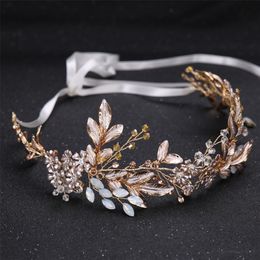 Wedding Hair Jewellery Champagne Alloy Crystal Beads Flower Bride Headbands Hair Comb Princess Bridal Ribbon Hairband Wedding Hair Accessories Crown 220831