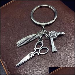 Key Rings Hair Stylist Scissors Comb Dryer Haircut Washing Blow Keychain-Tibetan Sier Charm Pendant Key Chain Ring Diy Fit Keychain D Dhdol