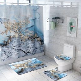 Shower Curtains 4Pcs/Set Blue Marble Printed Curtain Mat Set Bathroom Toilet Non-Slip Carpet Partition Home Decoration