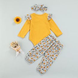 Clothing Sets Kids Baby Girls Tops and Trouser Autumn Suit Fashion Letter Long Sleeve Bodysuit Sunflower Pants with Bow Headband
