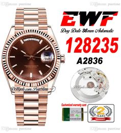 EWF Day Date 128235 A2836 Automatic Unisex Watch Mens Ladies 36 Rose Gold Brown Stick Dial Presidential Bracelet Same Serial Card Super Edition Puretime RG-C3