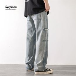 Mens Jeans Loose Street Style Straight Cargo Pants Men Fashion Brand Wide Leg Overalls Retro Trend Leisure Youth Denim Baggy 220831