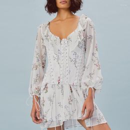 Casual Dresses Women Lace Up Corset Summer Dress Long Sleeve Floral Print High Waist Two Piece Ruffles Bandage 2022