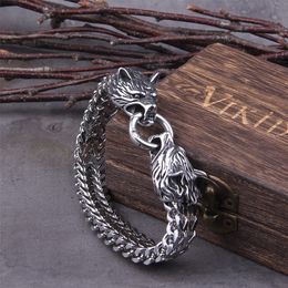 Bangle Never Fade Rock Viking Wolf Charm Bracelet Mens Stainless Steel Mesh Chain Gold Wolf Punk Bracelets Biker Jewellery 220831