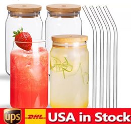-Garrafas de água dos EUA Sublimação de parede dupla xícaras de copo de vidro de 16 onças podem copos de copos com bambu reutilizável cerveja de caneca de palha reutiliza refrigerante transparente pode beber gc0831