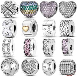 925 Silver Fit Pandora Charm Bead Bead White Circon Cz Heart grabado Clip de plata Charmes Ciondoli Diy Beads Fine Jewelry