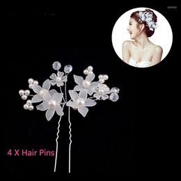 wholesale flower pins UK - Hair Clips 4pcs White Flower Bead Crystal Pearl Pins Sticks Noiva Hairpins Headpiece Wedding Bridal Jewelry Accessories SL