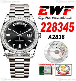 EWF Day Date 228345 A2836 Automatic Mens Watch 40mm Diamonds Bezel Black Textured Stick Dial Presidential Bracelet Same Serial Card Super Edition Puretime D4