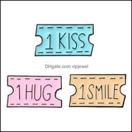 Pins Brooches Ticket Smile Hug Kiss Words Lapel Pins Badges Brooches Men Women Girls Cute Summer Funny Jewellery Cartoon Accessories D Dh3Do