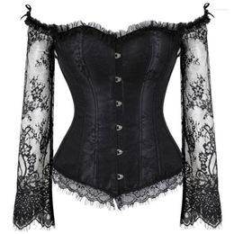Bustiers & Corsets Gothic Sexy Corset Lace Patchwork Long Sleeve Off Shoulder Party Vintage Halloween Costume 6XL Body Shaper Overbust