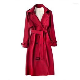 Women's Trench Coats Women's Long 2022 Autumn Lapel Double Breasted Slim Windbreaker Korean Elegant Belted Solid Coat Ladies Outwear