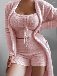 Women's Tracksuits Pink 3-Piece Set Women Sexy Short Top Shorts Casual Outer Winter Warm Jacket Three Piece Homewear Sweater Sets Clothing