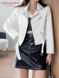 Women s Jackets Aelegantmis Korean Casual Slim White Faux Leather Women with Belt Short PU Female Elegant Cropped Outwear Fashion 221130