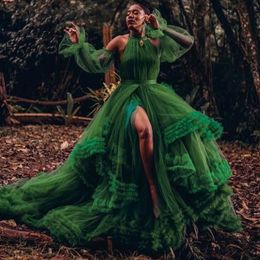 Hunter Green Halter Prom Dresses with Losse Long Sleeve Fairy Ruffles Tiered Tulle Skirt Bohemain Photoshoot Evening Gown