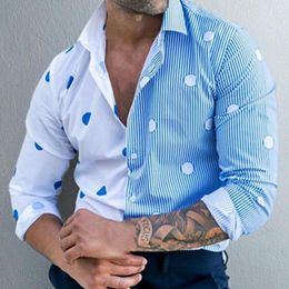 Men's Dress Shirts Top Shirt Summer Men Polka Dot Stripe Blue White Colour Patchwork Single-breasted For Spring Men's Clothing