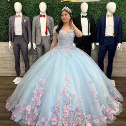 Mavi gökyüzü quinceanera elbiseler d çiçek aplike fırfırlar kollu omuz kayışları özel yapım tatlı prenses parti balo elbisesi vestidos