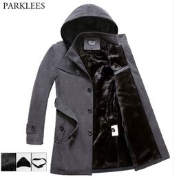 Men's Wool Blends Fleece Hooded Thick Winter Coat Brand Long Trench Men Casual Pocket Overcoat with Removable Hood 221201