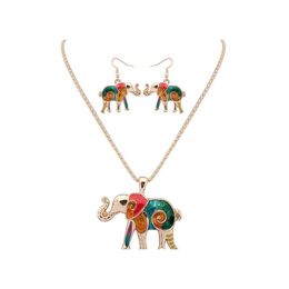 Earrings Necklace Europe Vintage Party Casual Jewellery Set Womens Coloured Glaze Elephant Necklace With Earrings Drop Delivery Sets Dhiud