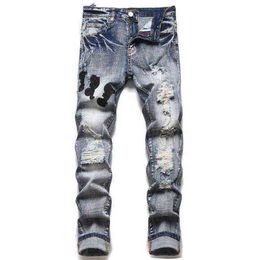 Men's Jeans European Jean Hombre Letter Star Men Embroidery Patchwork Ripped For Trend Brand Motorcycle Pant Mens Skinny dfgdfgg