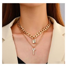 Pendant Necklaces Fashion Jewelry Double Layer Thick Chain Necklace Retro Punk Lock Key Geometric Sweater Choker Necklaces Drop Deli Dhqoa