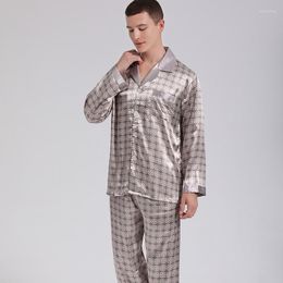 Men's Sleepwear Satin Print Men Pyjamas Set Spring Autumn 2PCS Long Sleeve Shirt&Pants Male Trousers Suit Silky Sleep Home Clothes