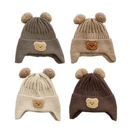 Bear Baby Bonnet Hats Pom Pom Winter Hat for Girls Boys Knitted Warm Ears Kids Beanie Cap with Earflaps Infant Accessories