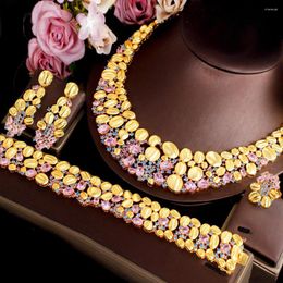 Necklace Earrings Set CWWZircons 4pcs African Cubic Zirconia Large Women Wedding Party Dubai Gold Plated Luxury For Brides T643