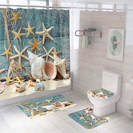 4Pcs/Set Bathroom Shower Curtain Toilet Mat Ocean Beach Starfish Shell Dolphin Printed Waterproof Washroom Bath Mats Curtains with Non-Slip Carpet Rugs