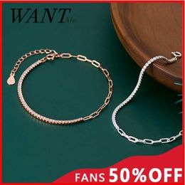 Bracelet Chain Wantme Luxury Pave Zircon Cuban Charm Bangle for Women Real 925 Sterling Silver Chic Wedding Jewellery Accessories