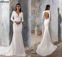 Designer Mermaid Wedding Nya klänningar med långa ärmar Enkel elegant vit satin brudklänningar glänsande paljetter sexiga djupa v hals rygglösa brudtrockar