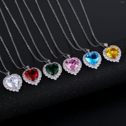 Choker Silver Cubic Zircon Necklaces Heart Pendant For Women Girls 2022 Jewellery Elegant Gift Green Purple Blue Pink Colour