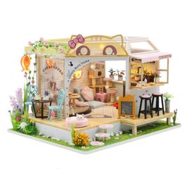 Puzzles Cat Cafe Back Garden Wooden Dollhouse with LED Light Furniture for Adult Gifts DIY Miniature House 221201