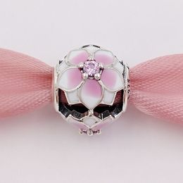925 Sterling Silver Beads Magnolia Bloom Pale Cerise Enamel Pink Cz Charms Fits European Pandora Style Jewellery Bracelets Necklace AnnaJewel