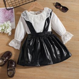 Clothing Sets Children's Clothes Suit Girls Lace Bottoming Shirt Leather PU Strap Skirt 2 Pcs Spring Autumn Baby Fashion Long Sleeved Outfits 221130