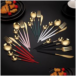 Dinnerware Sets 1Set Stainless Steel Fork Spoon Cutlery Dinnerware Sets Flatware For 1 Person Kitchen Tableware Antirust Utensil Ste Dh3Ks