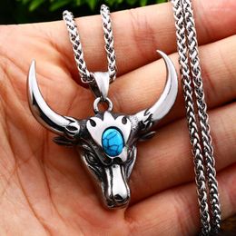 Pendant Necklaces Animal Necklace 316L Stainless Steel Bullhead Blue Turquoise Pendants Retro Personality Bull Charms Cool Punk Styles