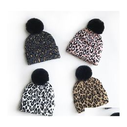 Beanie/Skull Caps Autumn Winter Kids Womens Leopard Knitted Hat Faux Fur Ball Lady Warm Beanies Drop Delivery Fashion Accessories Ha Dh2Nn