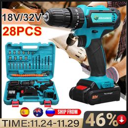 32V 3 in 1 Cordless Electric Screwdriver Drill Hammer Variable Speed Cordless Impact Drill With 1/2 Battery 38Nm Torque Max
